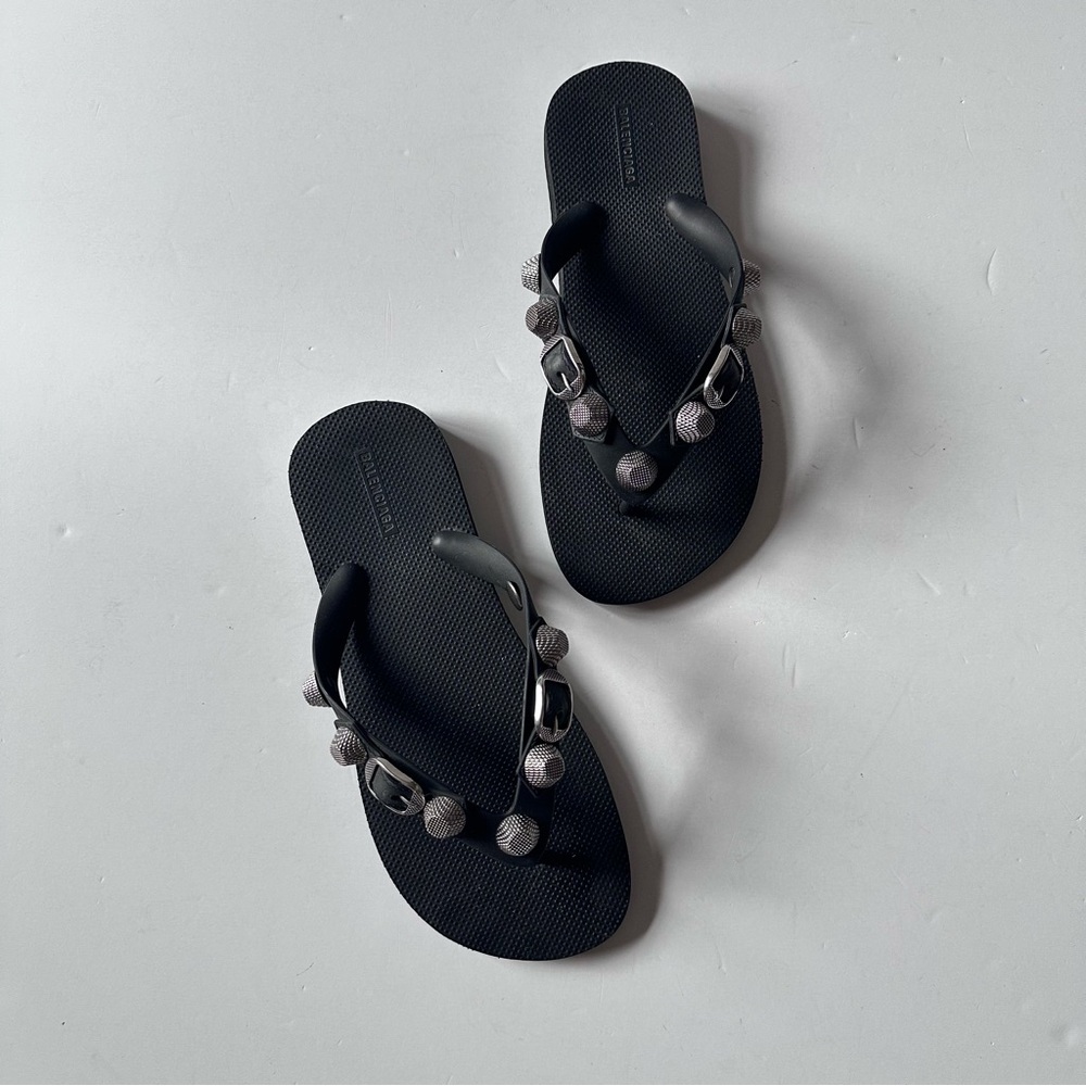 Balenciaga Black Embellished Flip Flop Sandals
